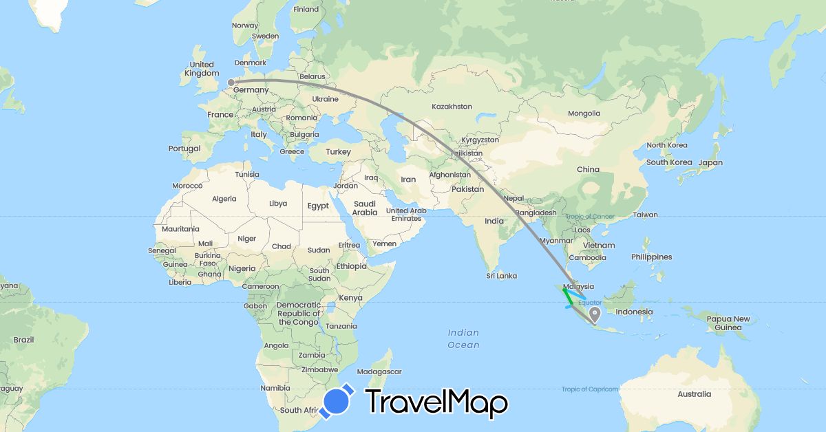 TravelMap itinerary: driving, bus, plane, boat in Indonesia, Netherlands, Singapore (Asia, Europe)